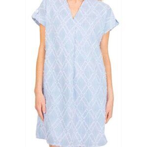 THML Striped Texture V‎ Neck Mini Dress Sz L Cotton Pockets Blue White Beach